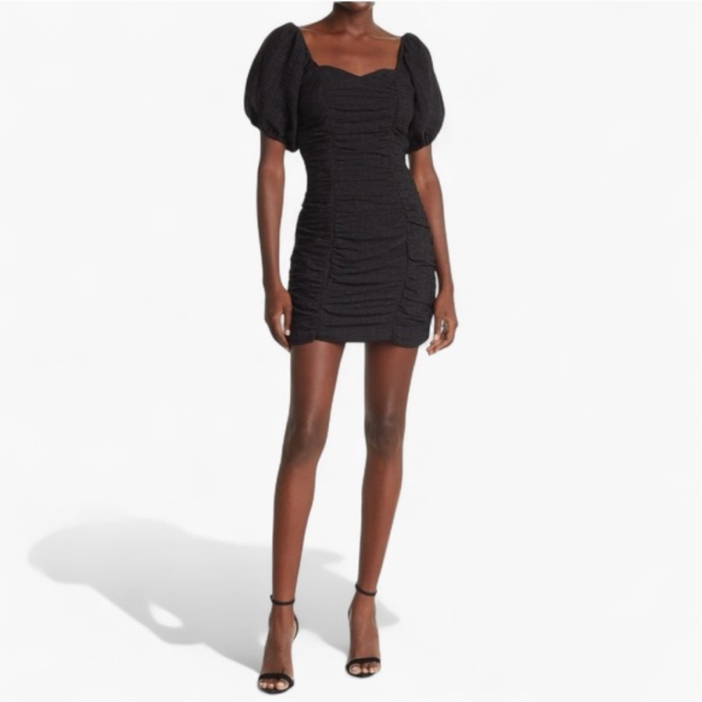 NSR Khai Ruched Puff Sleeve Off Shoulder Little Black Mini Dress